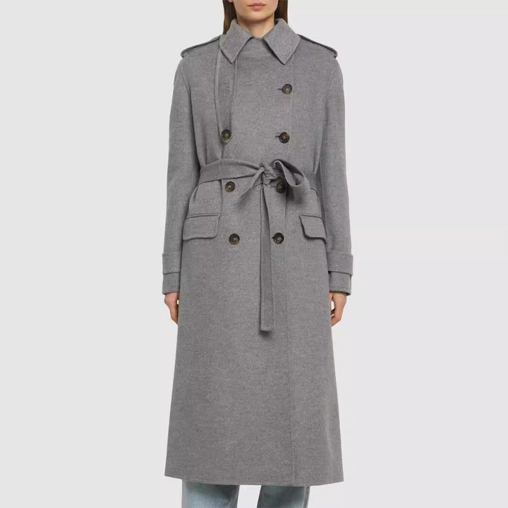 Women Mid-length Tailored Double-breasted Trench Coat made of Wool Blend with Flared Hem Mune Fashion