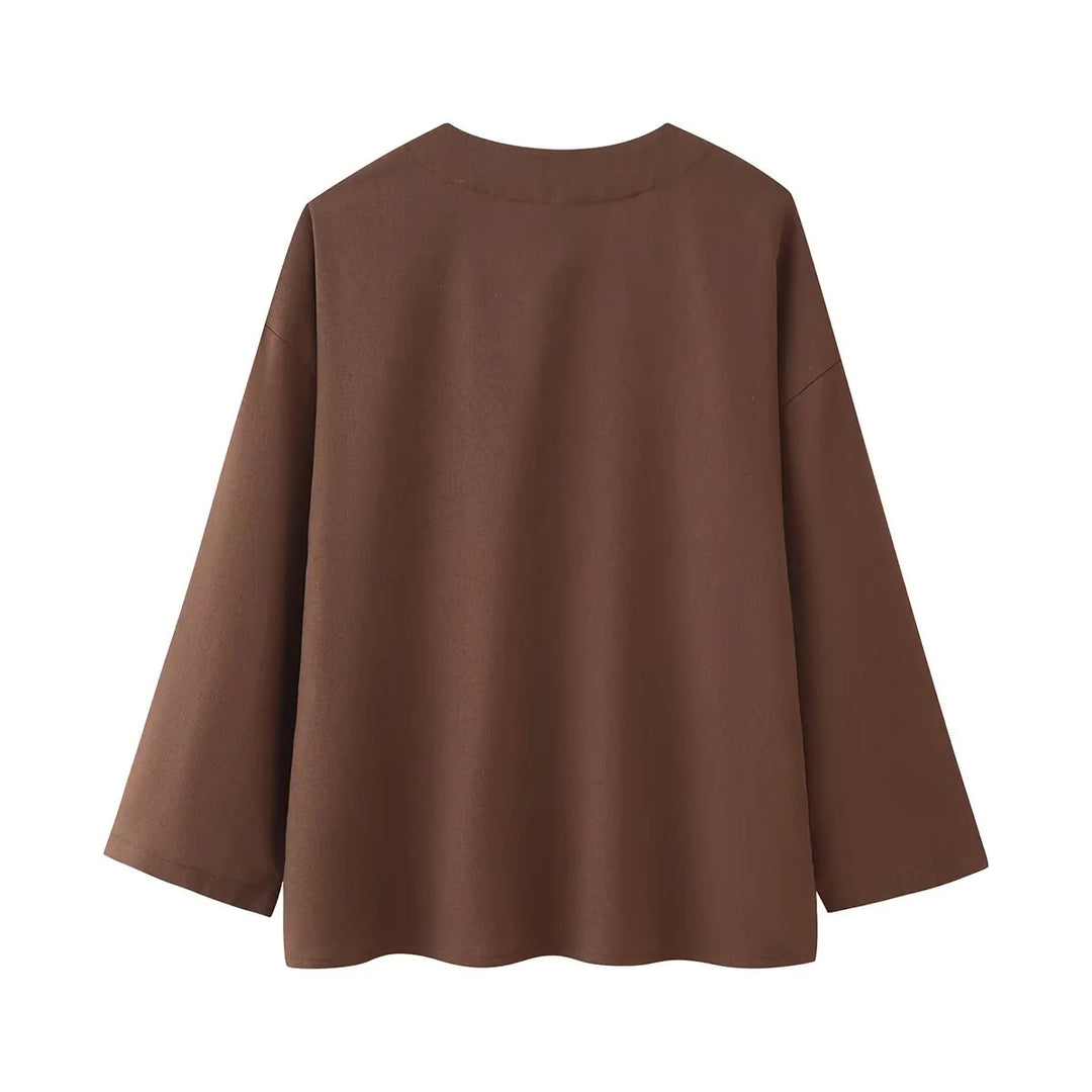 Women's casual two-piece set with V-neck blouse and wide waistband pants Mune Fashion