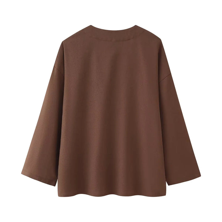 Women's casual two-piece set with V-neck blouse and wide waistband pants Mune Fashion