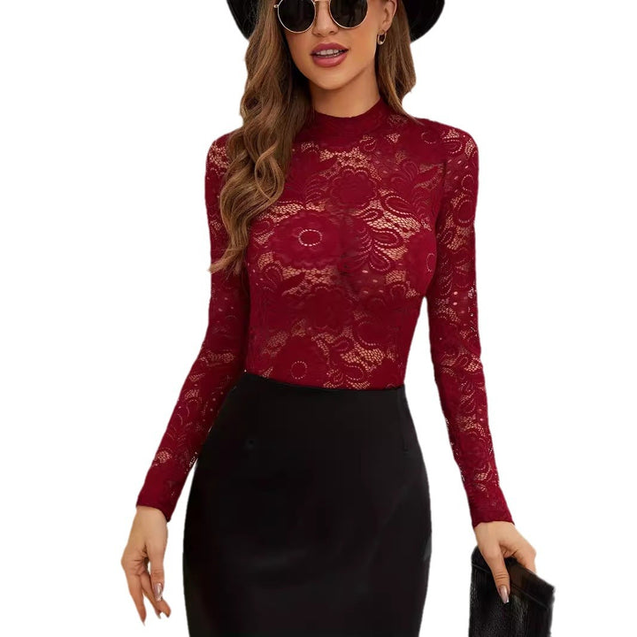 Ladies' figure-hugging lace long sleeve with standing collar and floral openwork pattern Mune Fashion