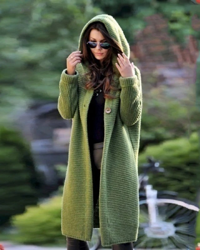 Women's Hooded Knit Coat with Oversized Cut and Button Placket Mune Fashion
