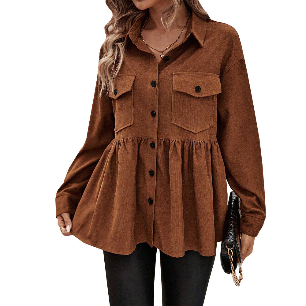 Women's Cord Peplum Blouse with Shirt Collar, Set-in Breast Pockets, and Continuous Button Placket Mune Fashion