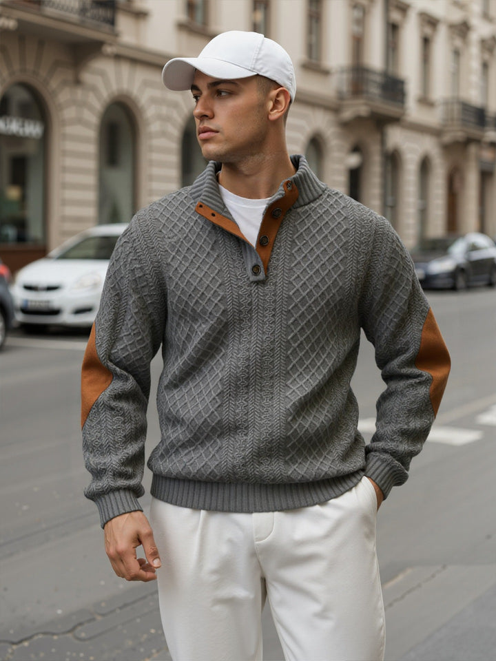 Men's troyer sweater with stand-up collar, structured knit look and contrast elbow patches Mune Fashion