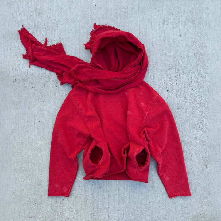 Unisex hooded pullover in usage marks style with attached tube scarf and frayed openings Mune Fashion