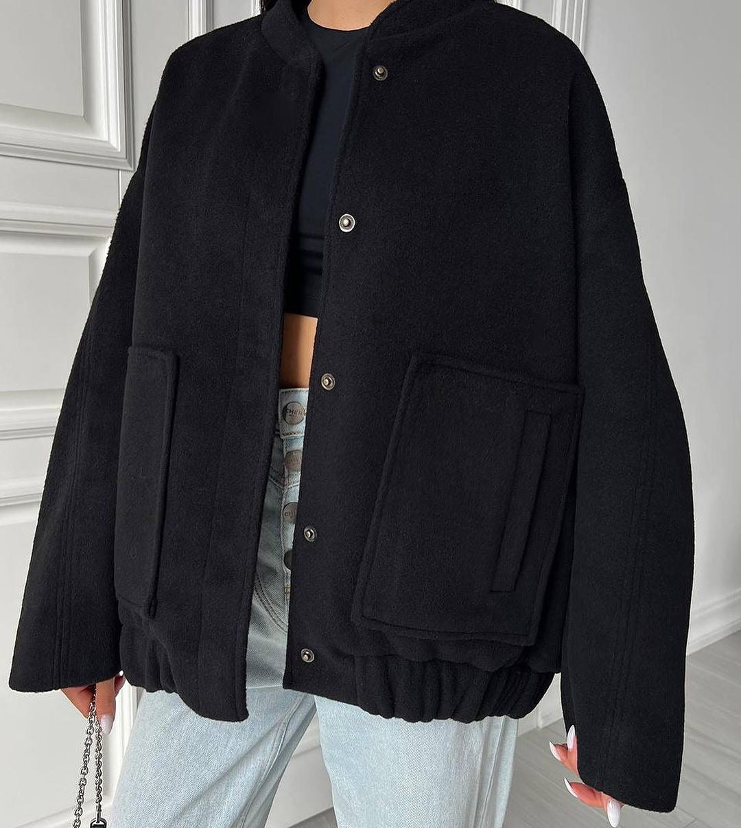 Women's short-cut boxy wool blend blouson with snap button placket and patch pockets Mune Fashion