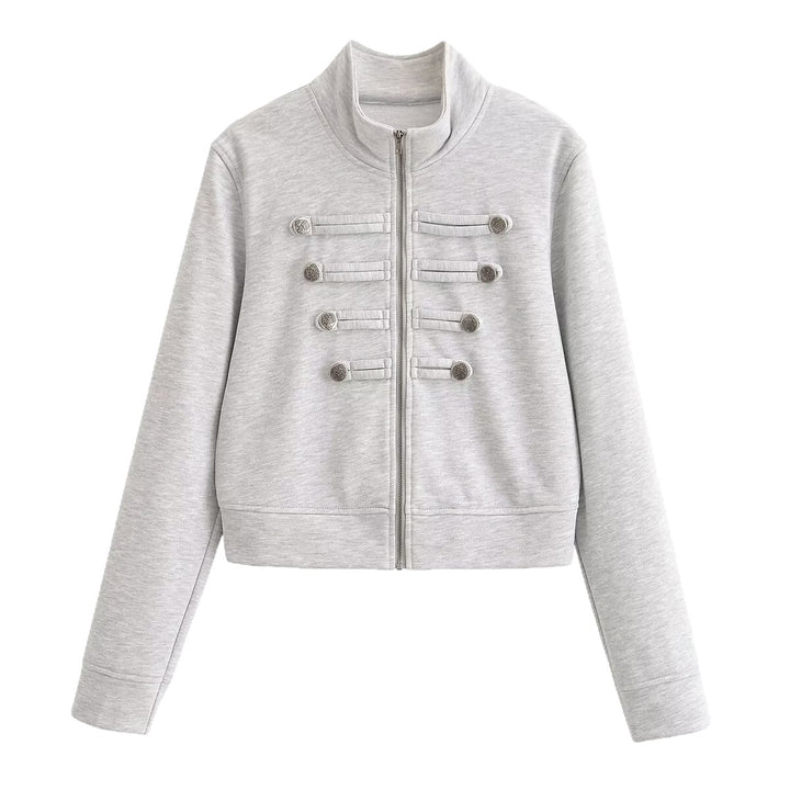 Women's short jacket made of sweat with stand-up collar and decorative military yoke Mune Fashion