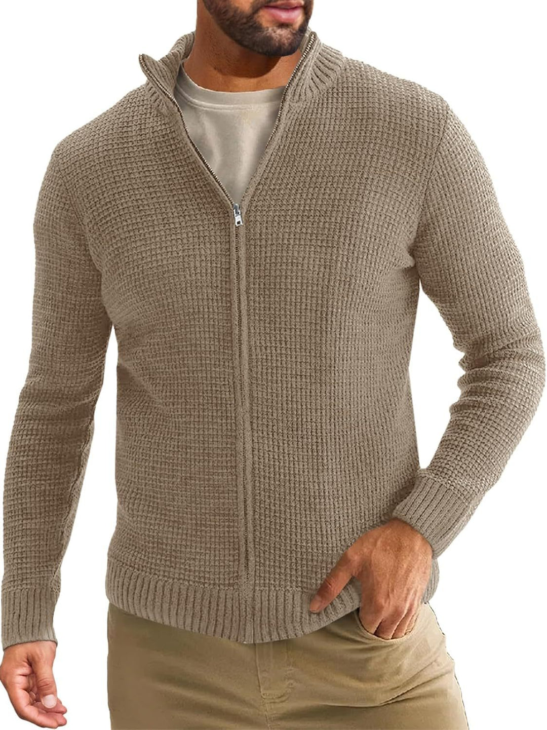 Men's Zip-Up Cardigan with Waffle Texture and Stand-Up Collar Mune Fashion