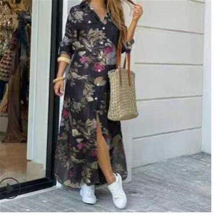 Ladies long shirt dress with floral pattern and side slit Mune Fashion
