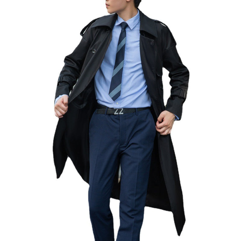 Men's Elegant Long Trench Coat with Tie Belt and Back Yoke Mune Fashion