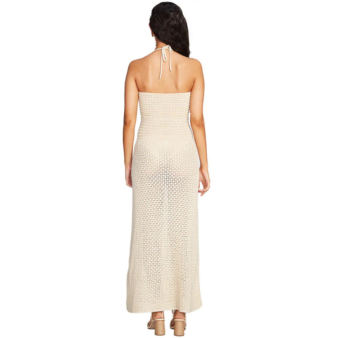 Women's crocheted maxi dress with deep V-neck and side cut-out