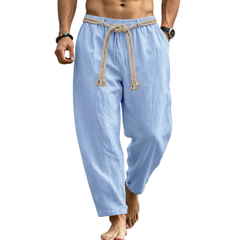 Men's Casual Linen Lounge Pants with Elastic Waistband, Decorative Rope Belt and Side Pockets Mune Fashion