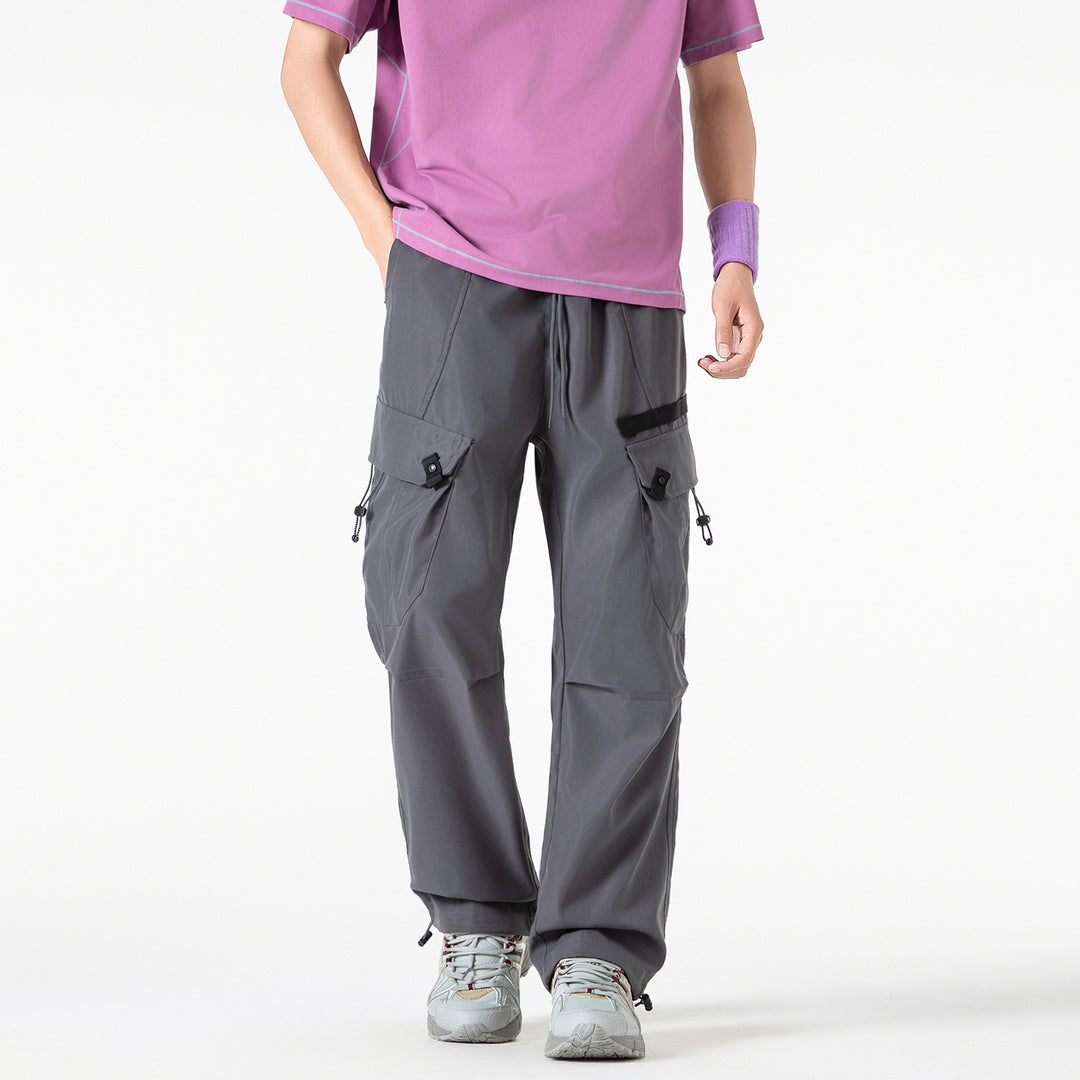 Men's Wide Utility Cargo Pants with Drawstring Waist, Multiple Pockets, and Adjustable Leg Openings Drune