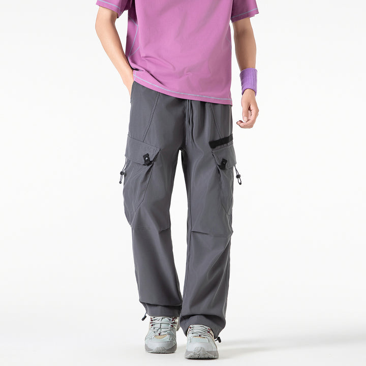 Men's Wide Utility Cargo Pants with Drawstring Waist, Multiple Pockets, and Adjustable Leg Openings Drune