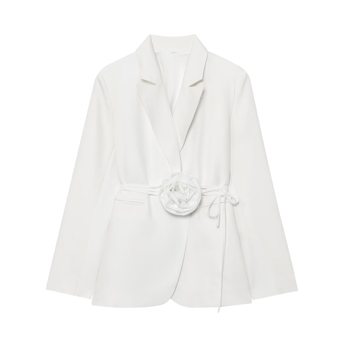 Women's Tailored Blazer with Decorative Rose Belt and Revers Collar Mune Fashion