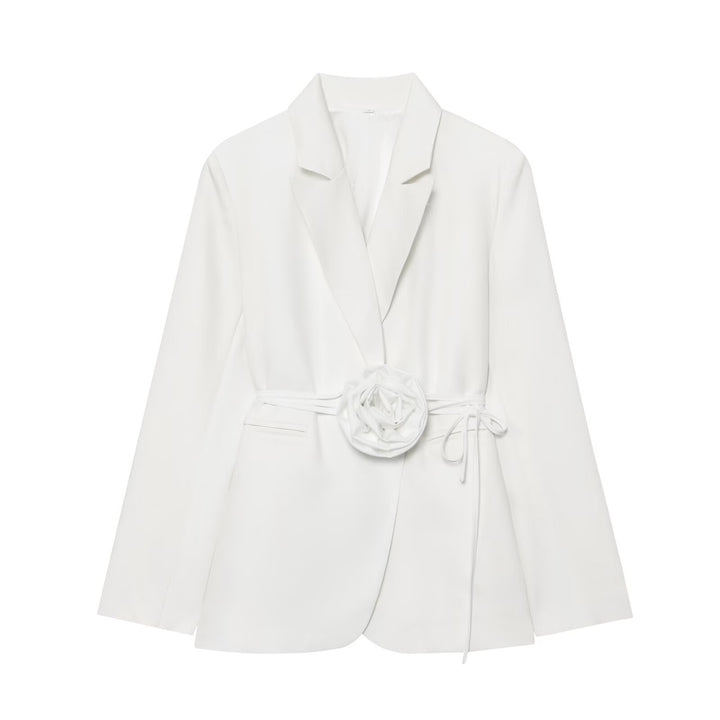 Women's Tailored Blazer with Decorative Rose Belt and Revers Collar Mune Fashion
