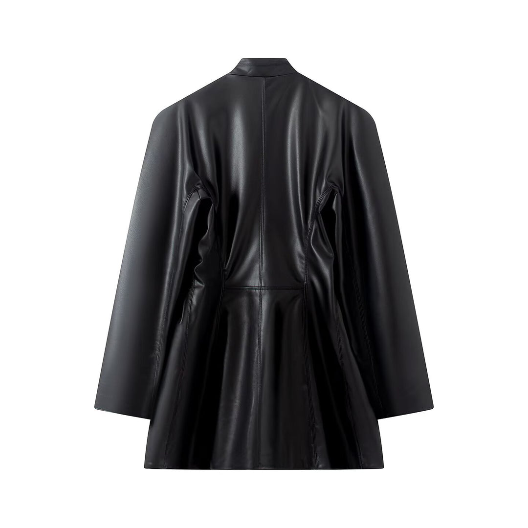 Women's Tailored Faux Leather Coat with Shawl Collar and Concealed Button Placket Mune Fashion