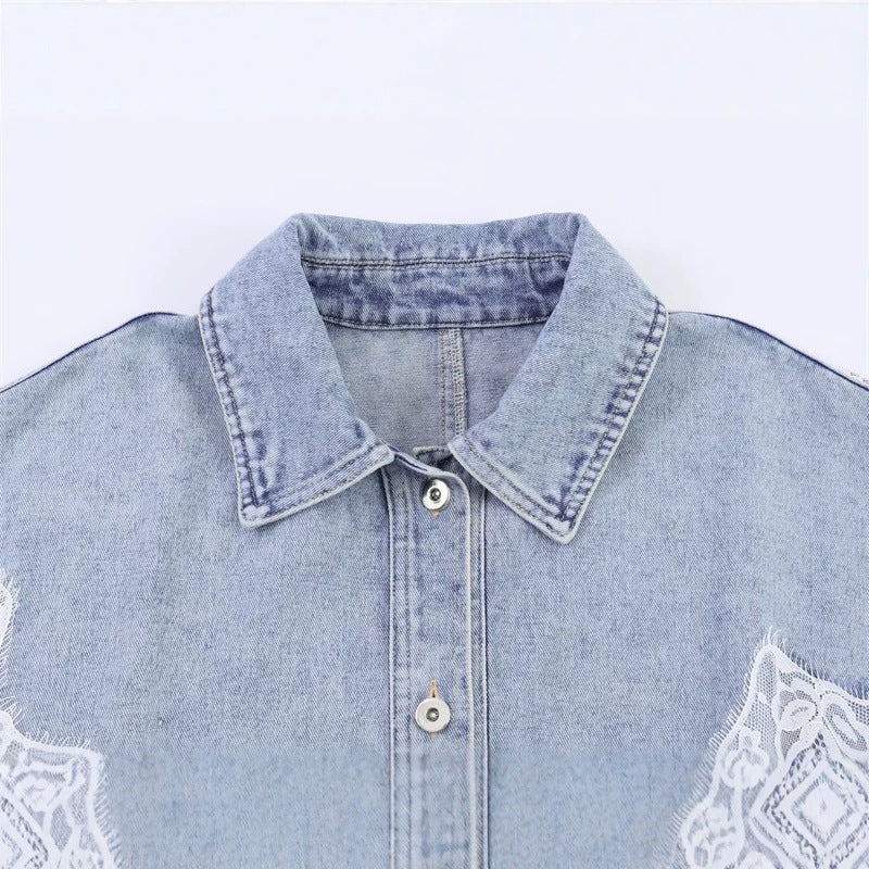 Women cropped denim jacket with lace trim and dropped shoulder Mune Fashion