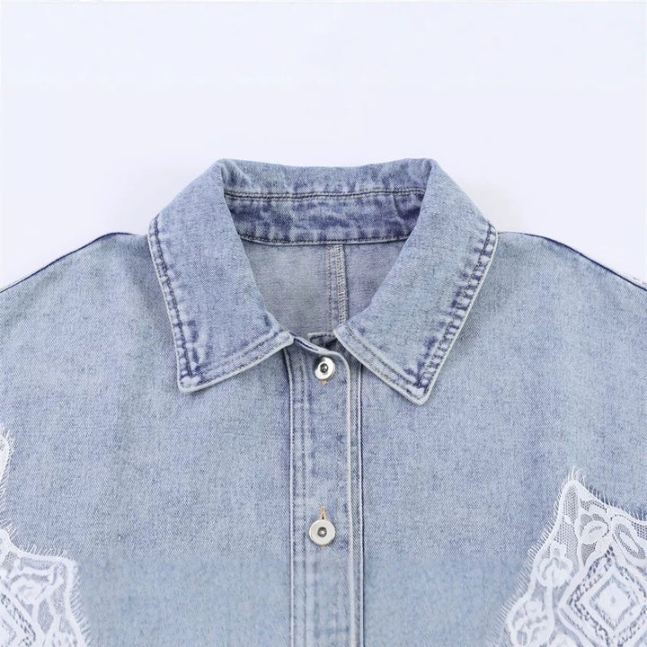 Women cropped denim jacket with lace trim and dropped shoulder Mune Fashion