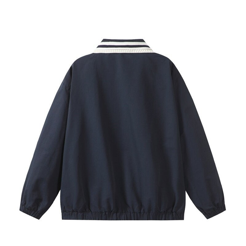 Men's Lightweight Harrington-Style Bomber Jacket with Striped Ribbed Collar and Snap Button Pockets Mune Fashion