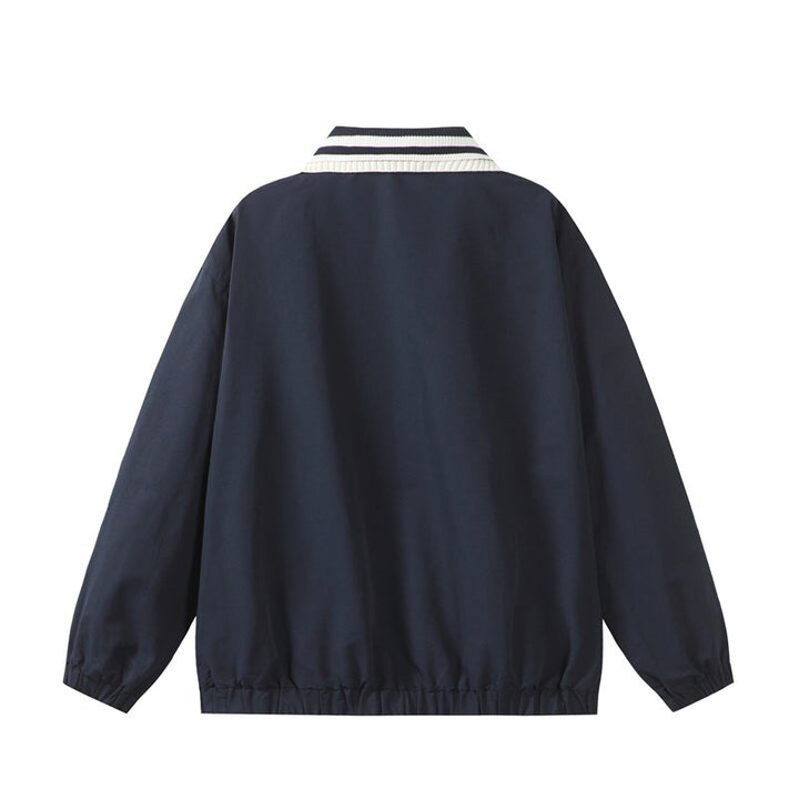 Men's Lightweight Harrington-Style Bomber Jacket with Striped Ribbed Collar and Snap Button Pockets Mune Fashion