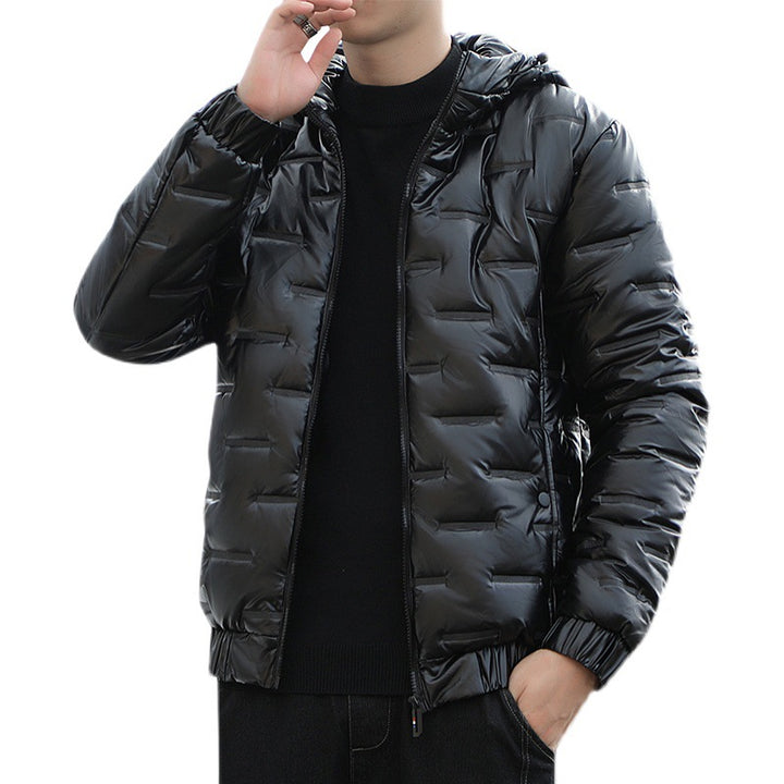 Men's Lightweight Quilted Hooded Puffer Jacket with Shiny Surface and Elastic Cuffs Mune Fashion