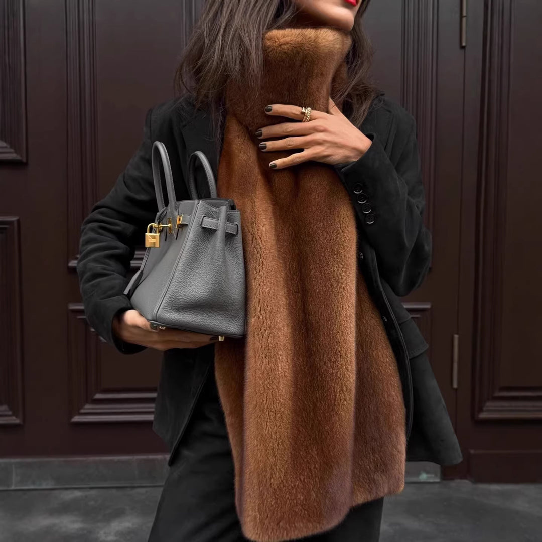 Ladies long luxurious faux fur stole with high cozy collar Mune Fashion