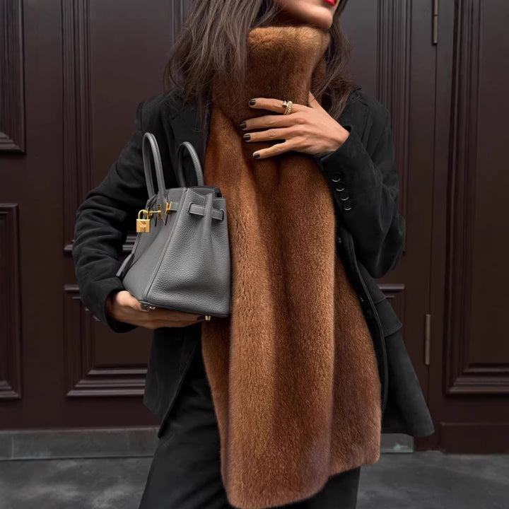 Ladies long luxurious faux fur stole with high cozy collar Mune Fashion