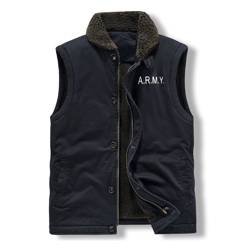 Men's Sleeveless Thermal Vest in Military Style with Teddy Lining and Stand-Up Collar Mune Fashion