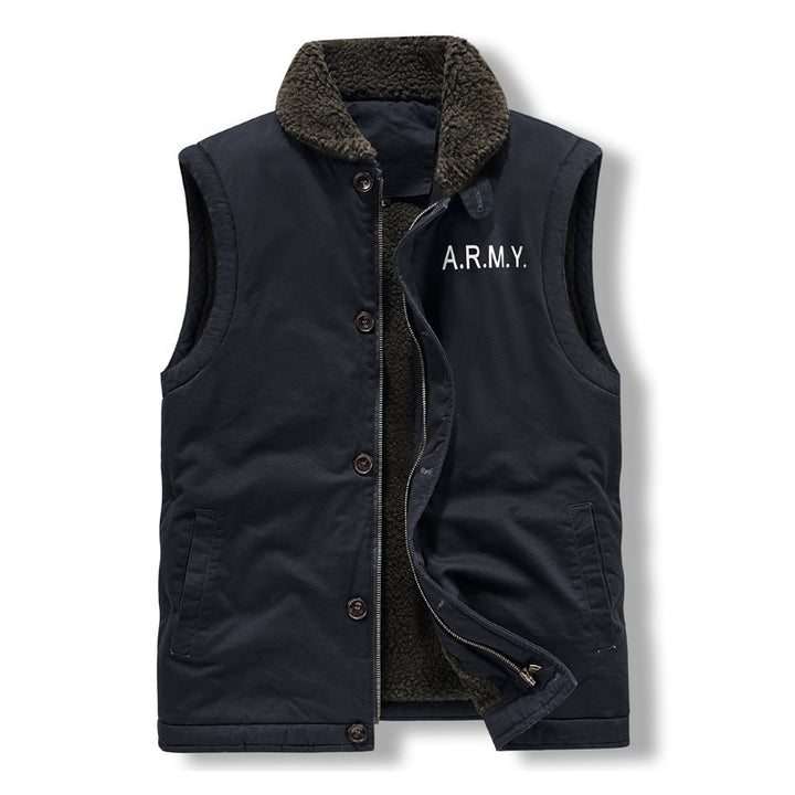 Men's Sleeveless Thermal Vest in Military Style with Teddy Lining and Stand-Up Collar Mune Fashion