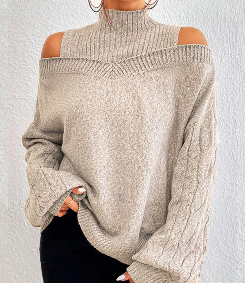 Women's off-the-shoulder knitted pullover with stand-up collar and cable-knit sleeves Mune Fashion