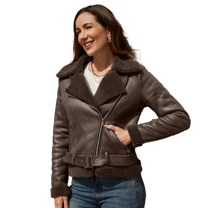 Women’s tailored lambskin imitation pilot jacket with belt and teddy lining Mune Fashion