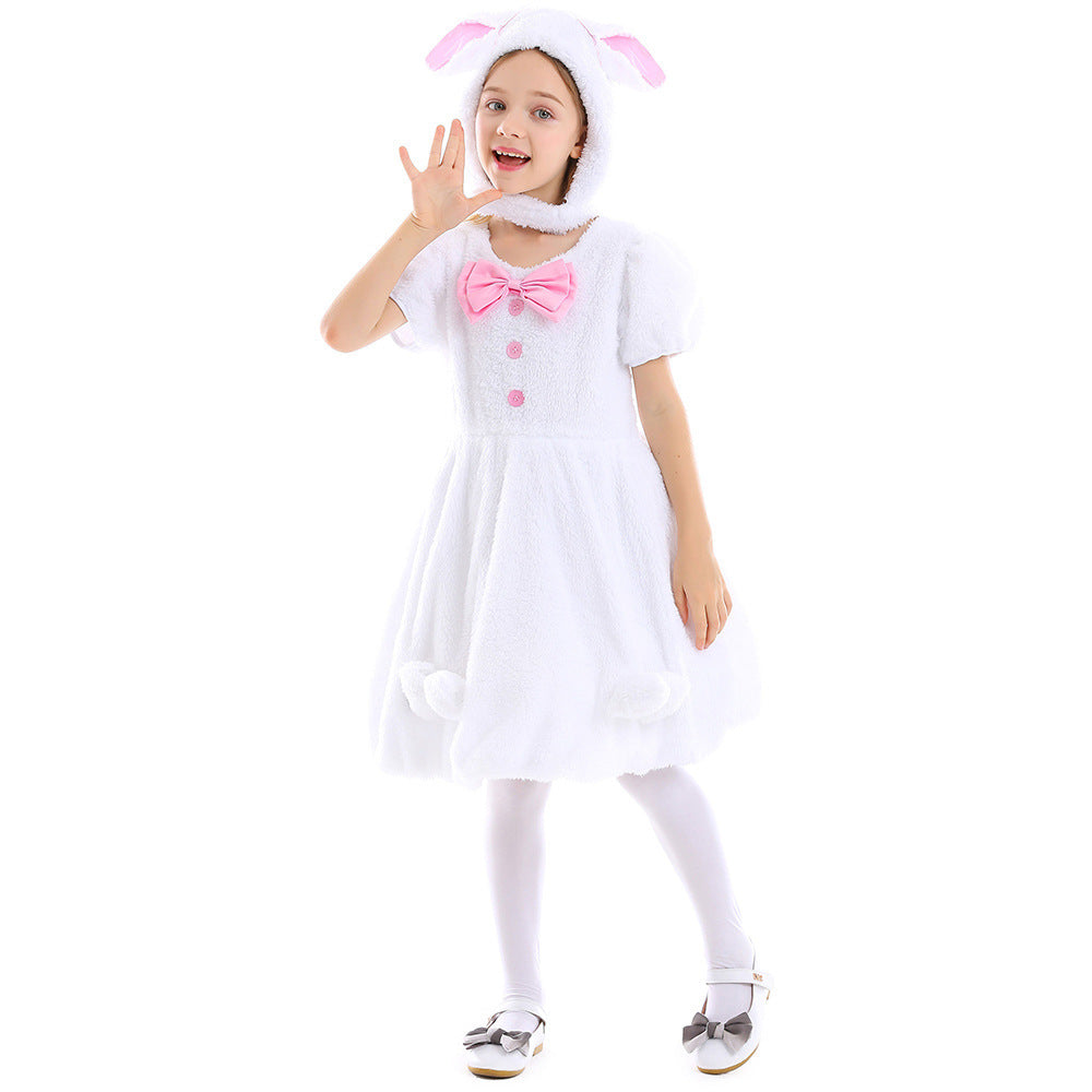 Girls Plush Bunny Costume with Hood and Playful Details Mune Fashion