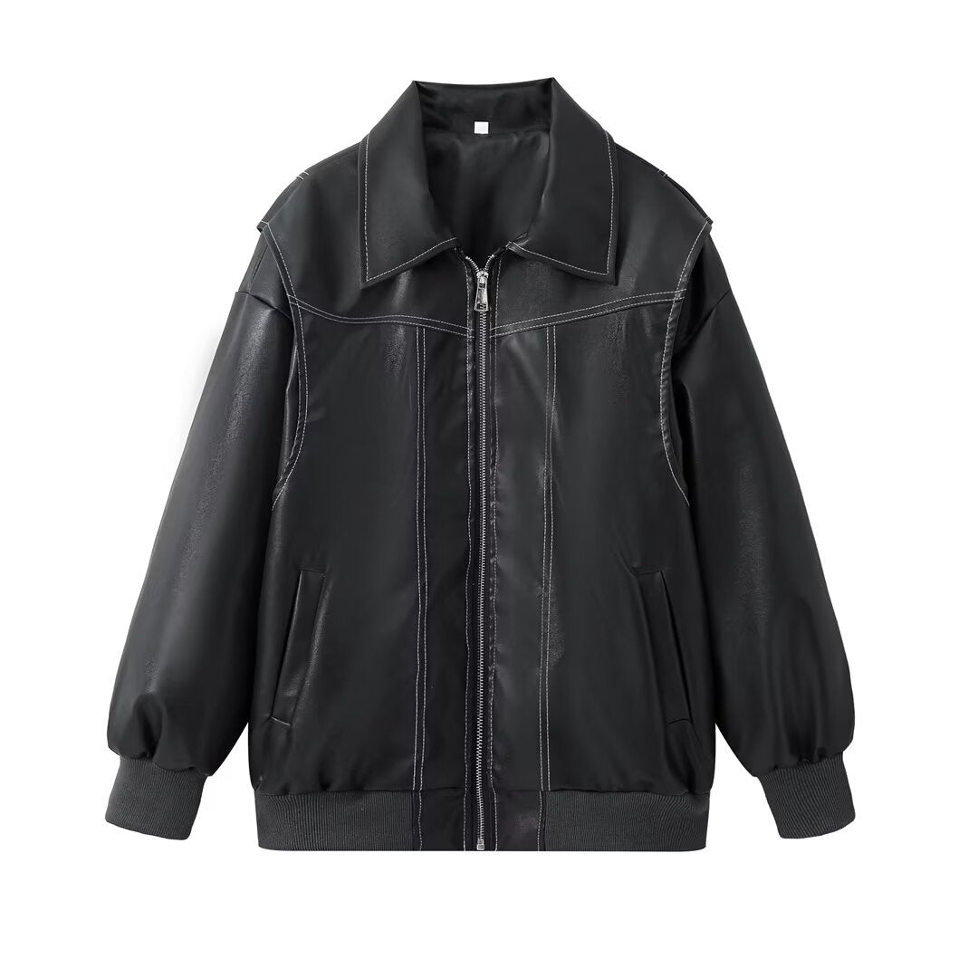 Women oversized faux leather bomber jacket with continuous zipper, oversized collar and ribbed cuffs Mune Fashion