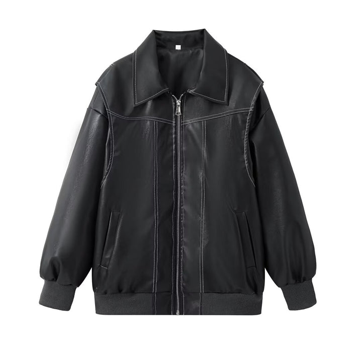 Women oversized faux leather bomber jacket with continuous zipper, oversized collar and ribbed cuffs Mune Fashion