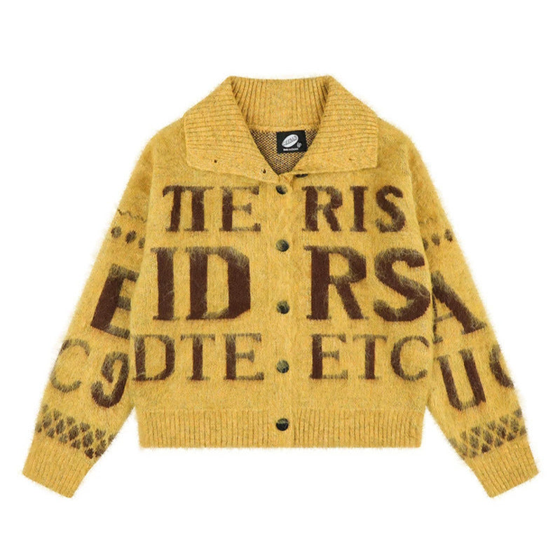 Women’s oversized mohair cardigan with button placket, large lapel collar, and typographic all-over print Mune Fashion