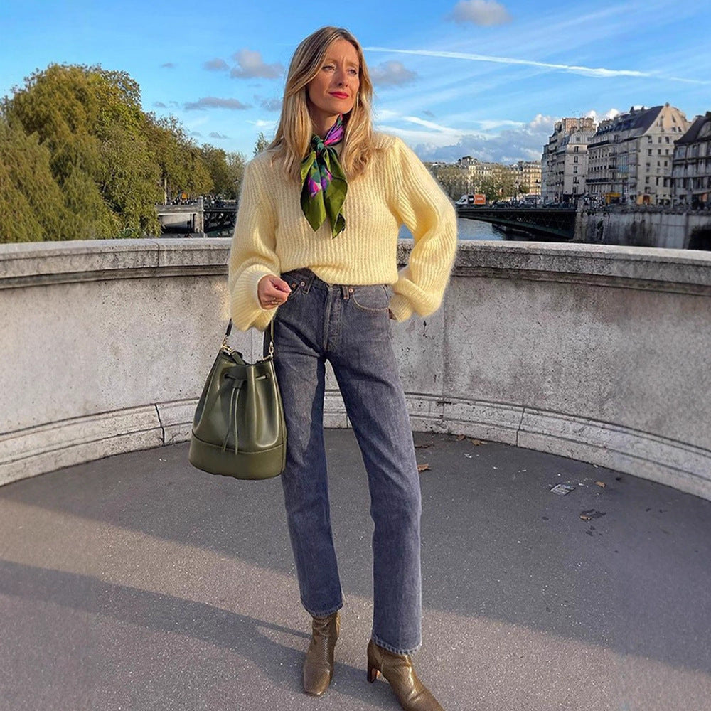 Women's Oversize Mohair Blend Sweater with Balloon Sleeves and Fine Rib Structure Mune Fashion