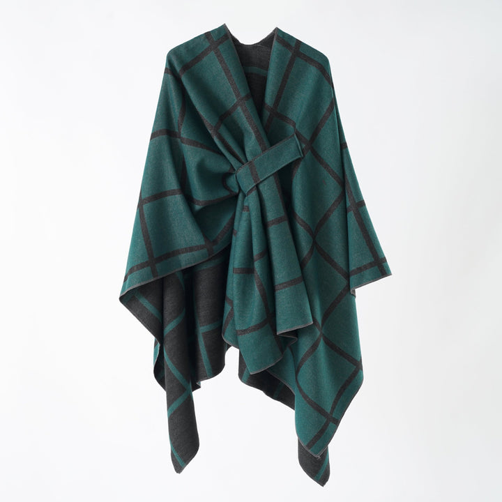 Women's Oversize Poncho made of fine knit with waistband and check pattern Mune Fashion
