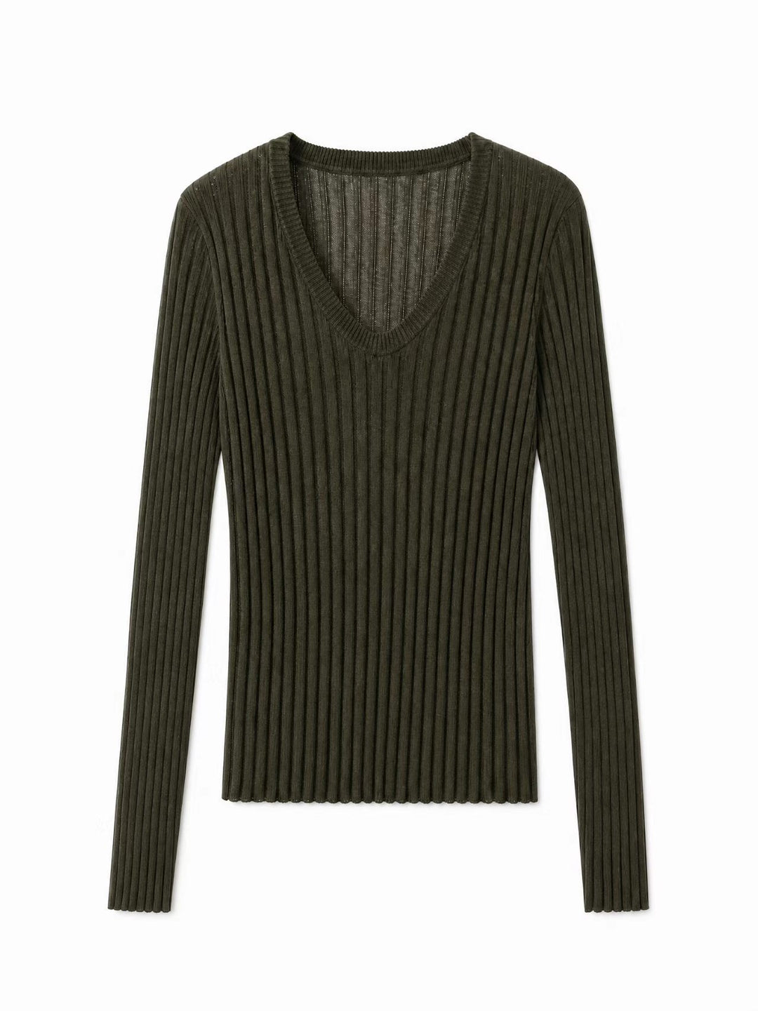 Women Tight Fine Knit Long Sleeve with Deep V-Neck and Wide Ribbed Structure Mune Fashion