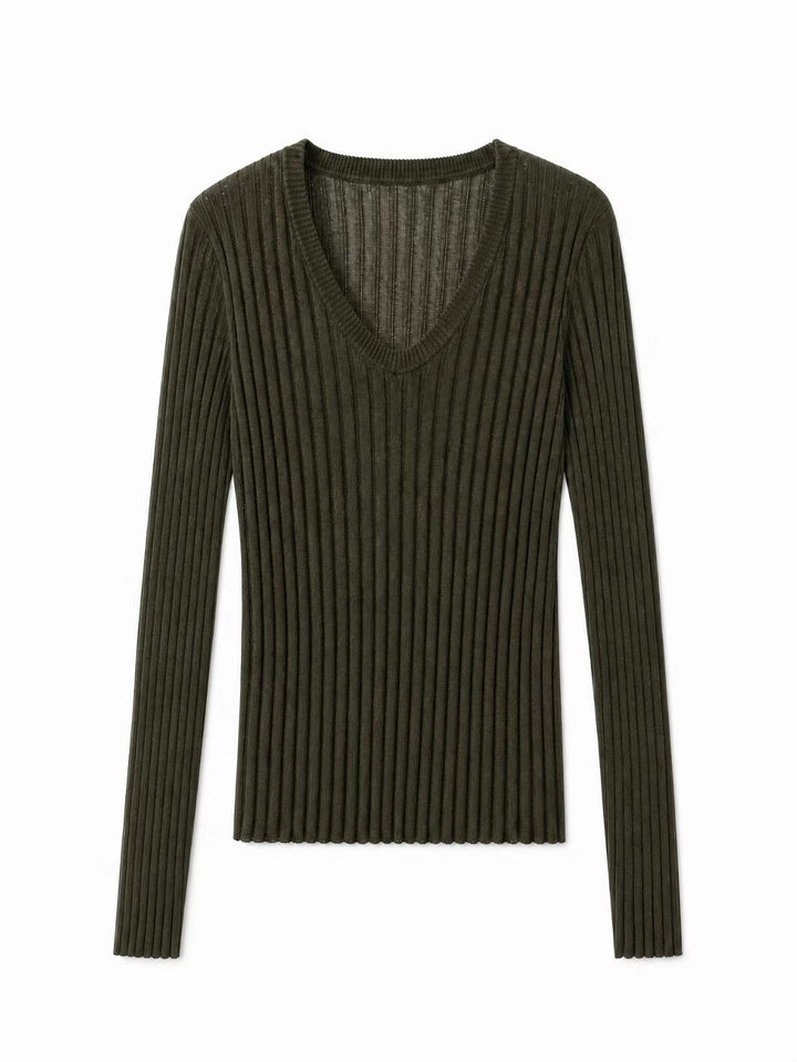 Women Tight Fine Knit Long Sleeve with Deep V-Neck and Wide Ribbed Structure Mune Fashion