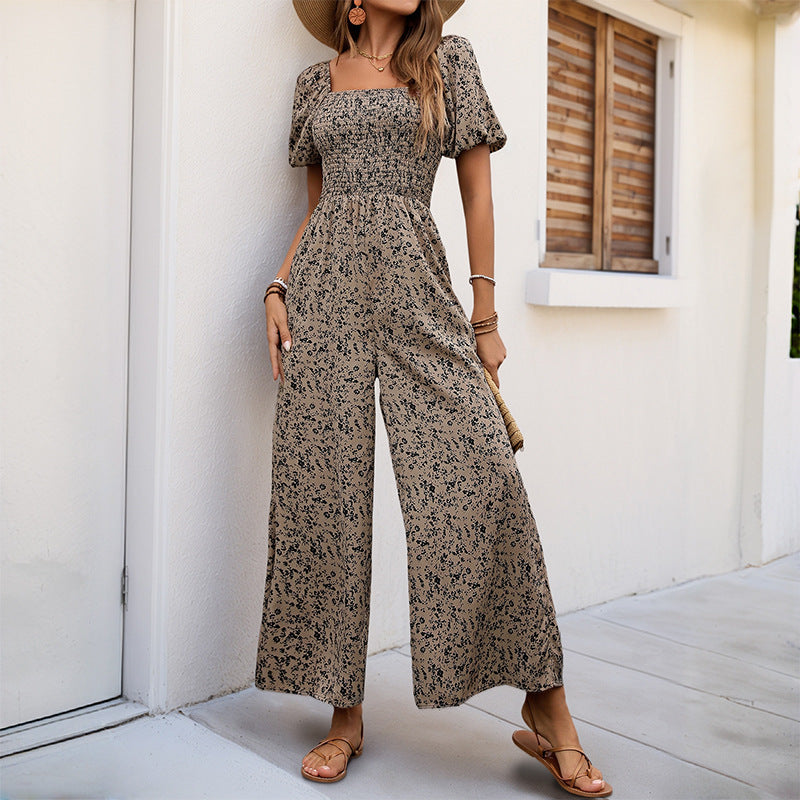 Women's Floral Smocked Jumpsuit with Square Neckline, Puff Sleeves, and Wide Leg Cut Mune Fashion