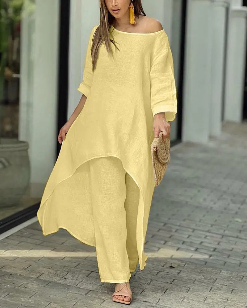 Women's oversized linen two-piece set with asymmetrical tunic and loose Marlene pants Mune Fashion