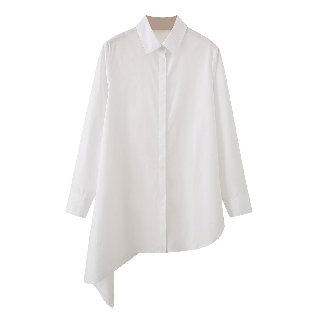 Women Asymmetric Oversized Shirt Blouse with Side Drape and Hidden Button Placket Mune Fashion