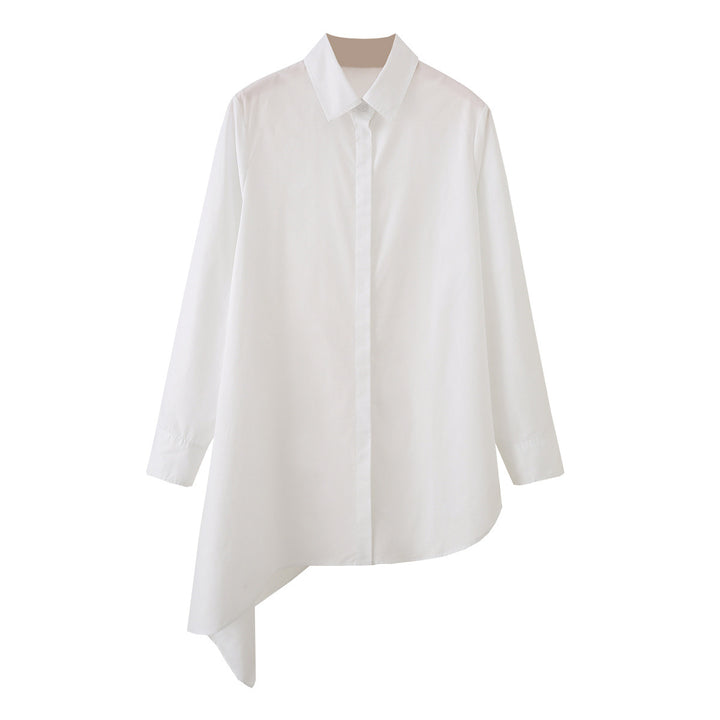 Women Asymmetric Oversized Shirt Blouse with Side Drape and Hidden Button Placket Mune Fashion
