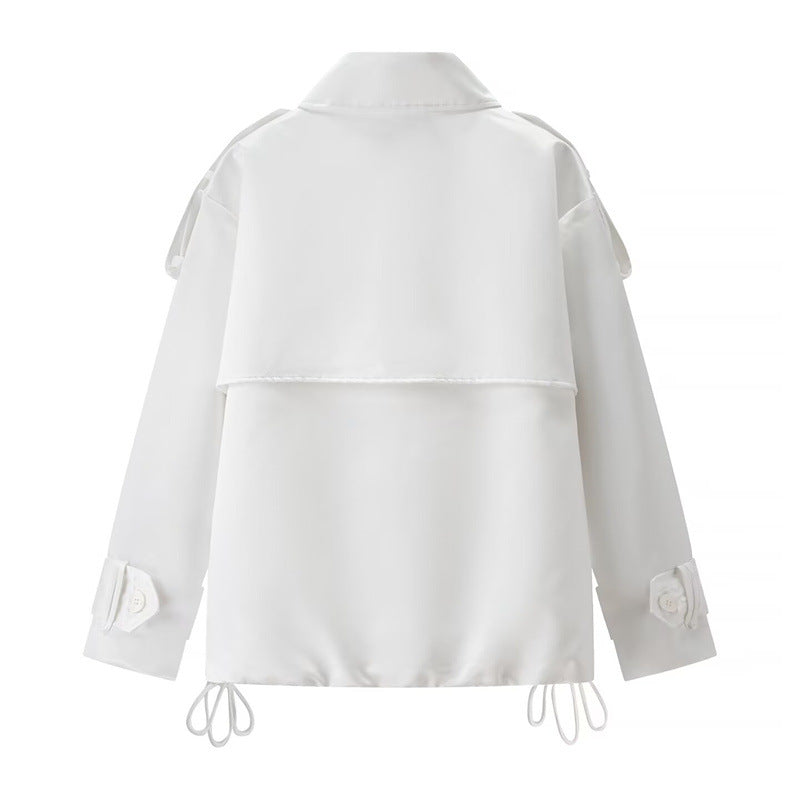 Women Short Boxy Double-breasted Trench with Drawstring and Decorative Shoulder Straps Mune Fashion