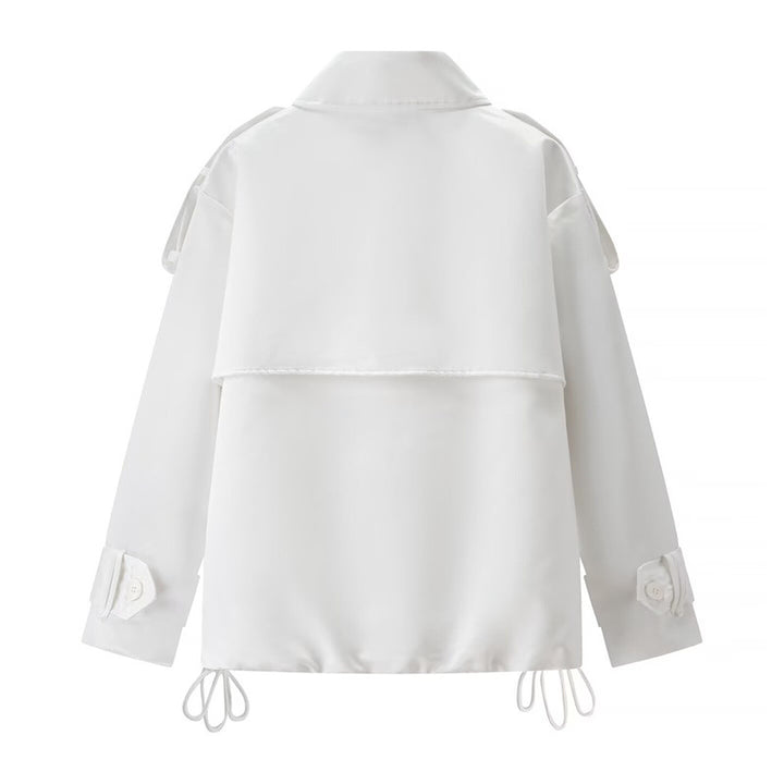 Women Short Boxy Double-breasted Trench with Drawstring and Decorative Shoulder Straps Mune Fashion