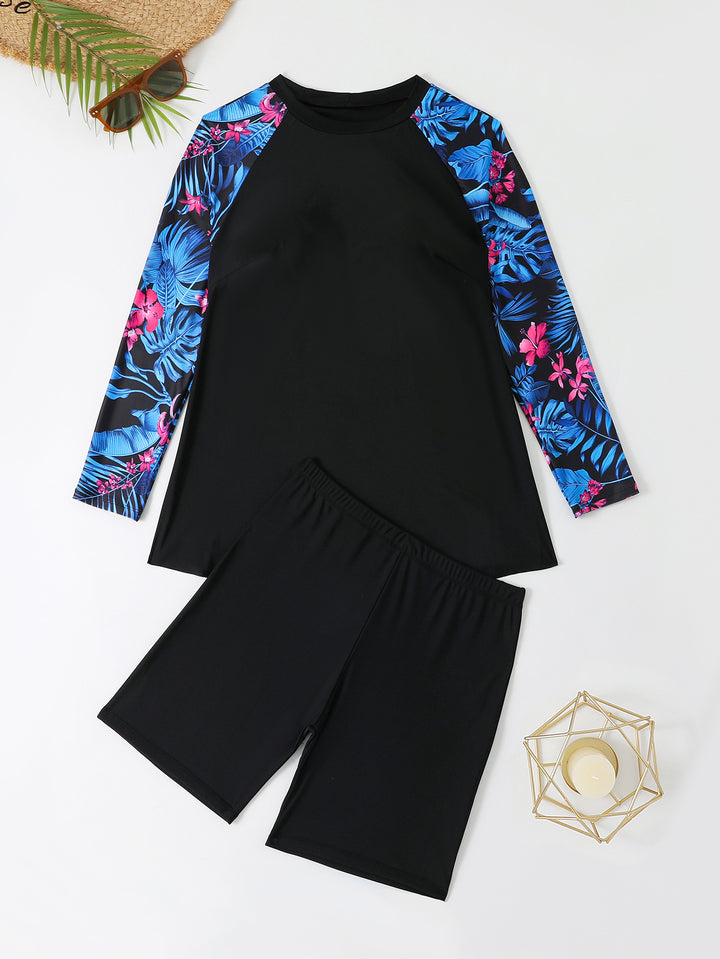 Women's UV Protection Surf Suit Set with Long Sleeves and Colorful Leaf Pattern Mune Fashion