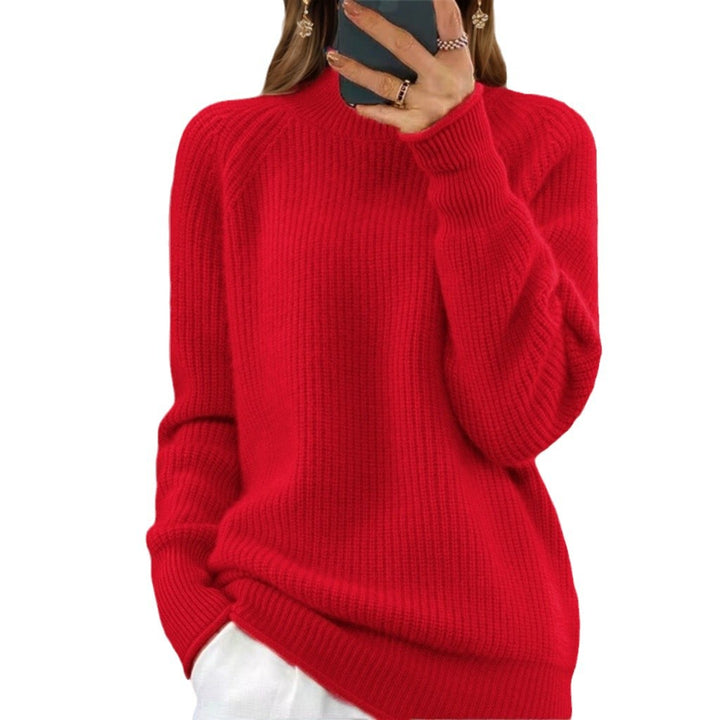 Women's cozy knitted sweater with stand-up collar and ribbed structure Mune Fashion