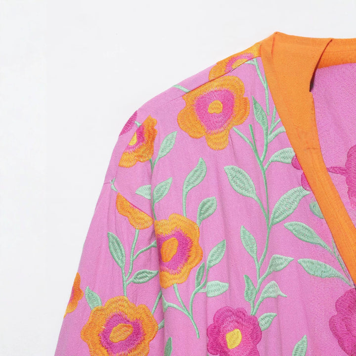 Women's Embroidered Kimono Blouson with Waist Belt and Floral Embroidery Drune