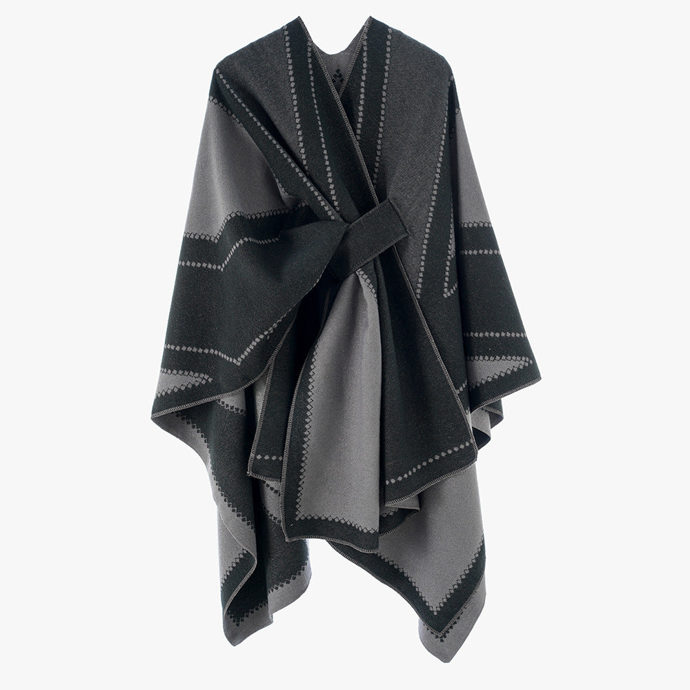 Women's Reversible Wool Blend Poncho with Graphic Jacquard Pattern and Waist Belt Mune Fashion
