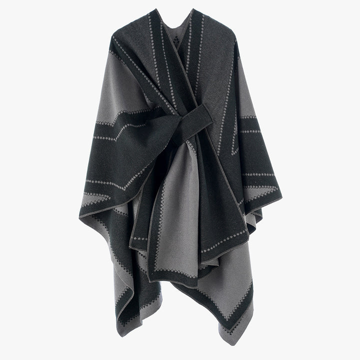 Women's Reversible Wool Blend Poncho with Graphic Jacquard Pattern and Waist Belt Mune Fashion